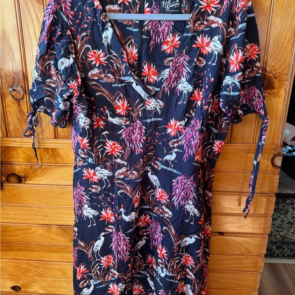 Floral V-Neck Dress with Bird Print